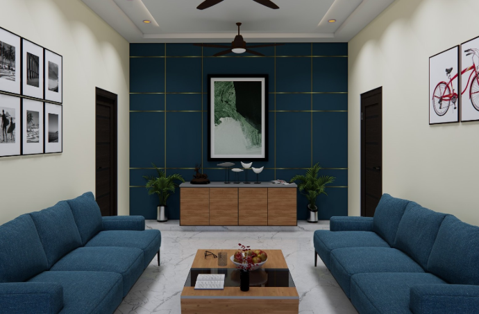 Modern living room interior design with blue sofa and accent wall
