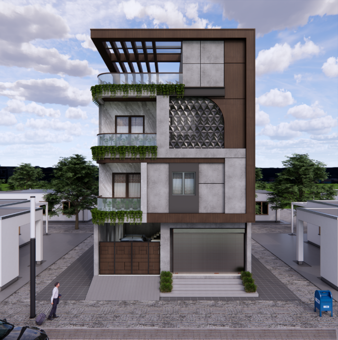 Modern living room interior design with blue sofa and accent wall